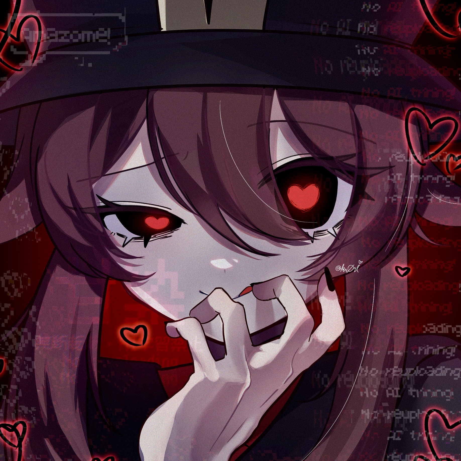 ama some (kr0ri), hu tao (genshin impact), genshin impact, highres, :p, black eyes, black hat, black nails, brown hair, covered mouth, hat, heart, heart-shaped pupils, long hair, nail polish, red pupils, symbol-shaped pupils, tongue, tongue out, yandere
