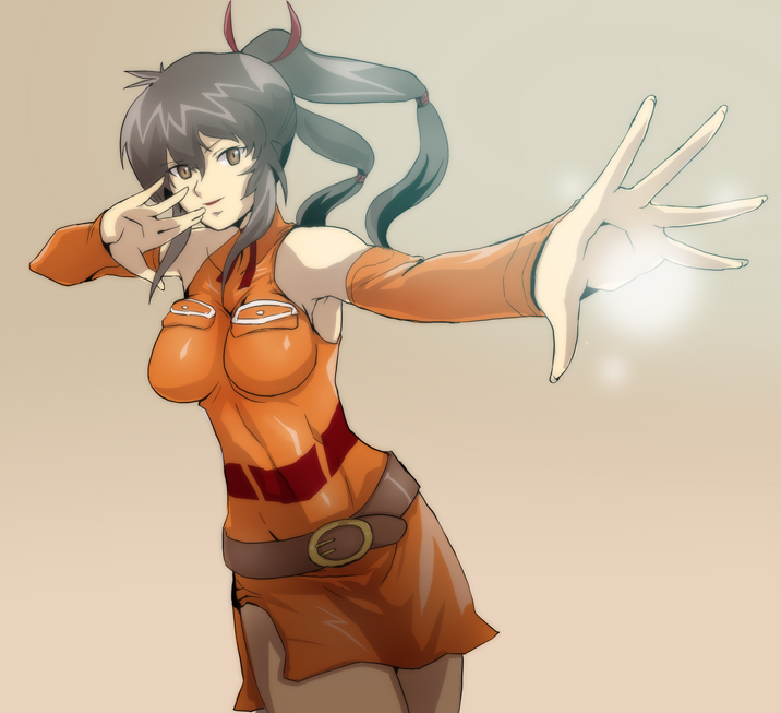 hamushima, lisa pacifist, final fantasy, final fantasy unlimited, bad id, bad pixiv id, 00s, 1girl, belt, black hair, breasts, brown eyes, cowboy shot, detached sleeves, female focus, fingernails, foreshortening, hair between eyes, large breasts, long fingernails, long hair, muscular, nail (hardware), ponytail, skin tight, smile, solo, toned, toned female, twintails