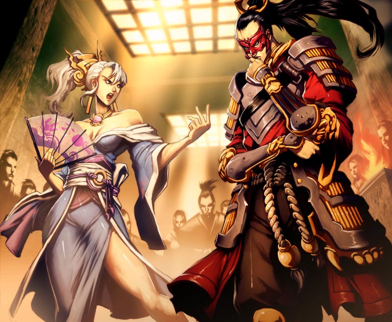 genzoman, legend of the five rings, 1girl, 6+boys, armor, bare shoulders, crane clan, hand fan, japanese armor, japanese clothes, kimono, mask, multiple boys, scorpion clan