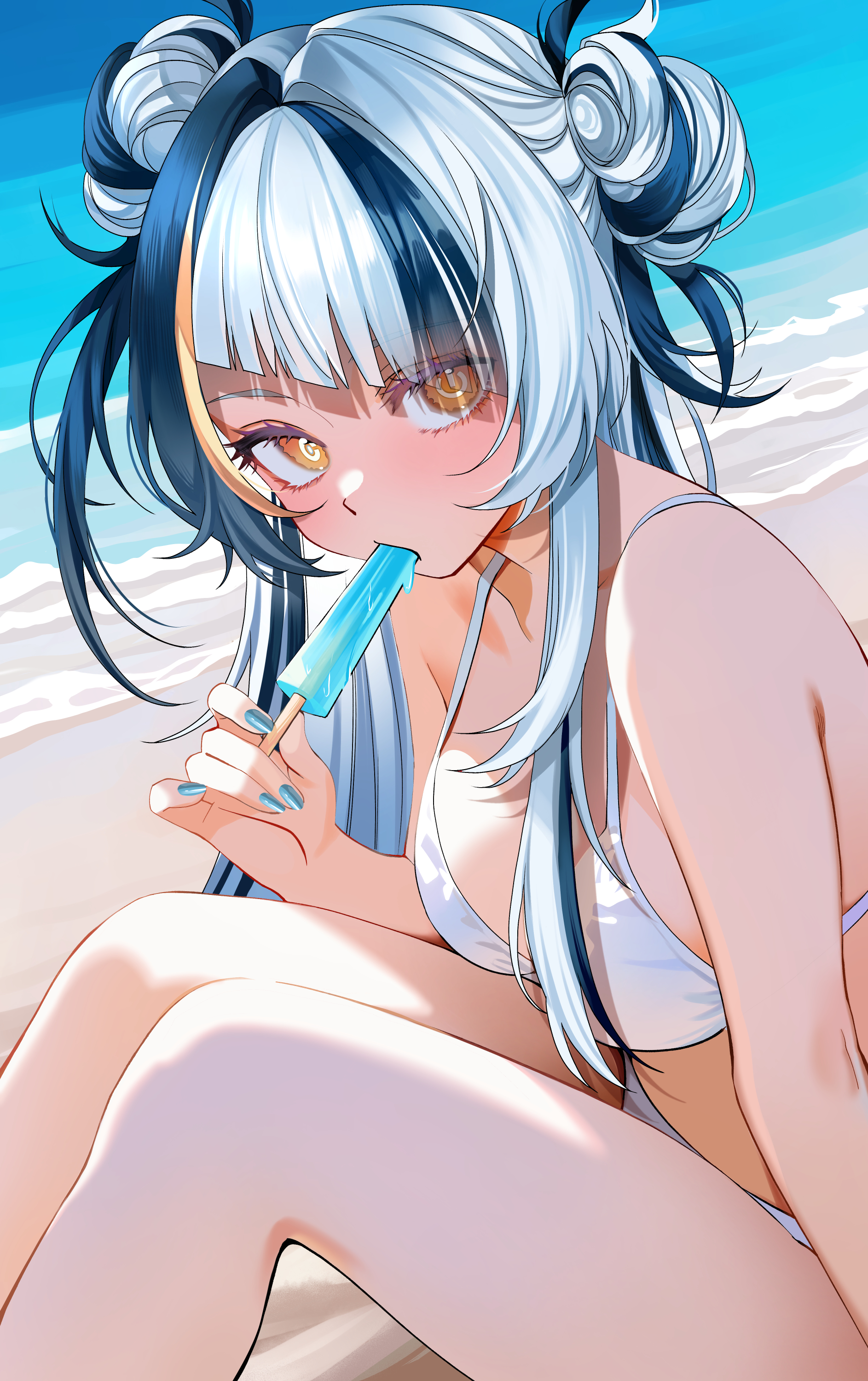 merururuu, indie virtual youtuber, absurdres, commentary, commission, english commentary, highres, vgen commission, 1girl, bikini, blue nails, blue sky, collarbone, double bun, eyelashes, food, hair bun, holding, holding food, holding popsicle, kai xei, looking at viewer, orange eyes, outdoors, popsicle, power symbol-shaped pupils, sitting, sky, solo, swimsuit, symbol-shaped pupils, white bikini, white hair