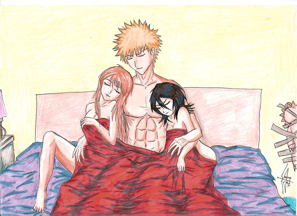 inoue orihime, kon (bleach), kuchiki rukia, kurosaki ichigo, bleach, traditional media, 00s, 1boy, 2girls, abs, aftersex, bad anatomy, bed, bed sheet, black hair, breasts, cleavage, closed eyes, covering privates, cuddling, long hair, love triangle, multiple boys, multiple girls, nude, on bed, orange hair, parted lips, poorly drawn, short hair, sleeping, smile, stuffed animal, stuffed lion, stuffed toy, tape