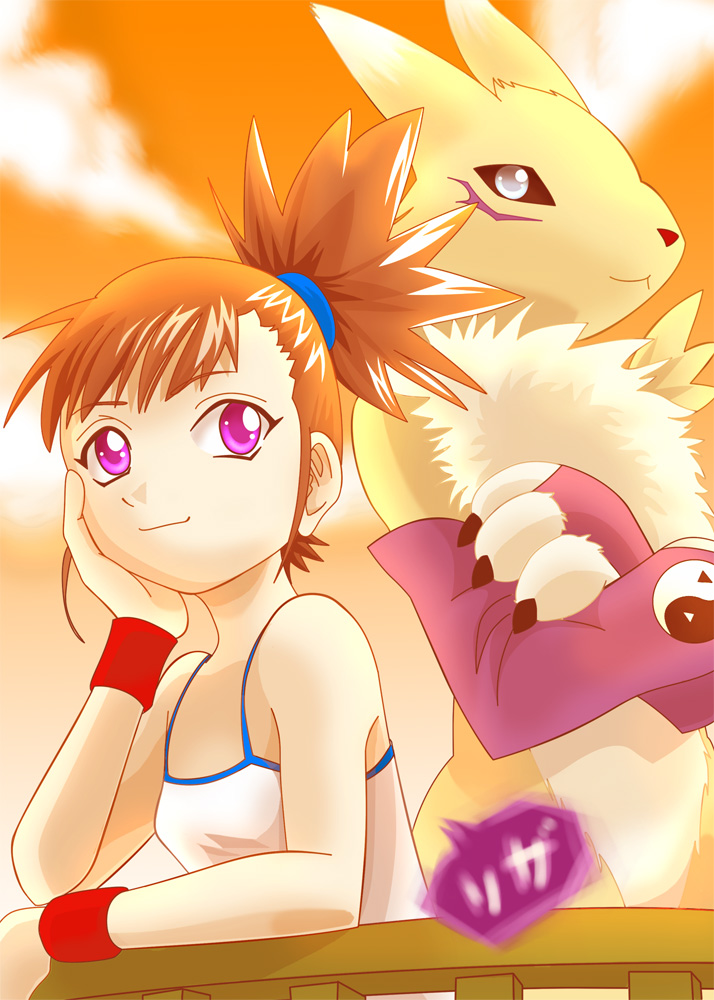 riza23, makino ruki, renamon, digimon, digimon tamers, 00s, 1girl, :3, black sclera, camisole, colored sclera, crossed arms, digimon (creature), flat chest, furry, grey eyes, orange hair, pink eyes, ponytail, wristband