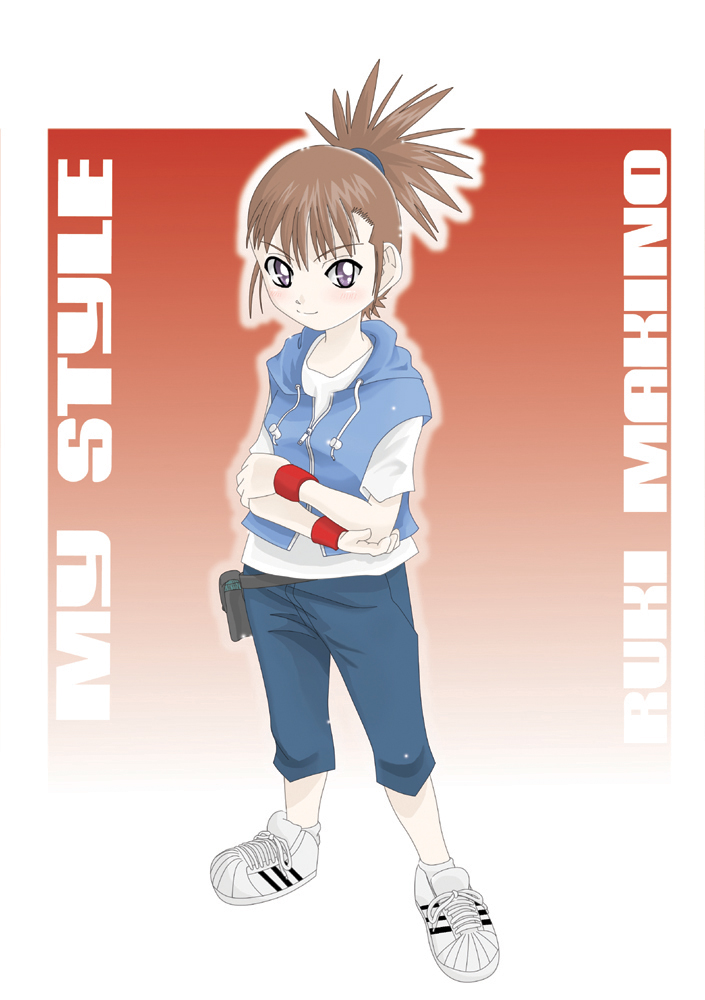 riza23, makino ruki, digimon, digimon tamers, 00s, 1girl, blush, brown hair, crossed arms, female focus, full body, gradient background, hood, hoodie, ponytail, purple eyes, shoes, smile, sneakers, solo, wristband, zipper