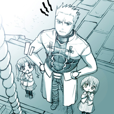 st parasu, archer (fate), matou sakura, tohsaka rin, fate/stay night, fate (series), lowres, 00s, 1boy, 2girls, aged down, aqua theme, child, monochrome, multiple girls, praying