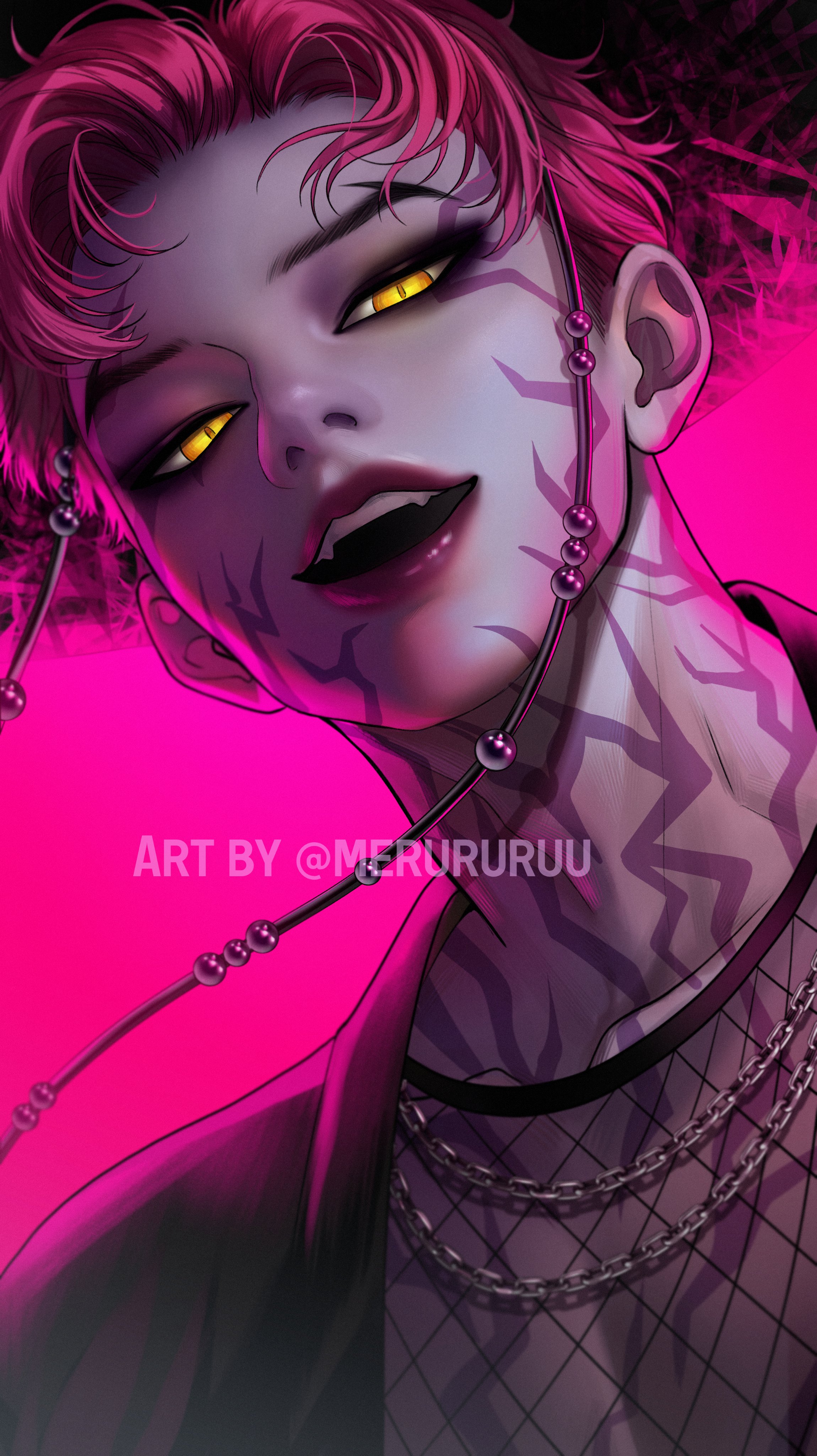 merururuu, abby (kpop demon hunters), kpop demon hunters, absurdres, commentary, english commentary, highres, 1boy, artist name, fangs, fishnet top, fishnets, lips, looking at viewer, male focus, nostrils, open mouth, pale skin, pectoral cleavage, pectorals, pink background, short hair, slit pupils, solo, tattoo, yellow eyes