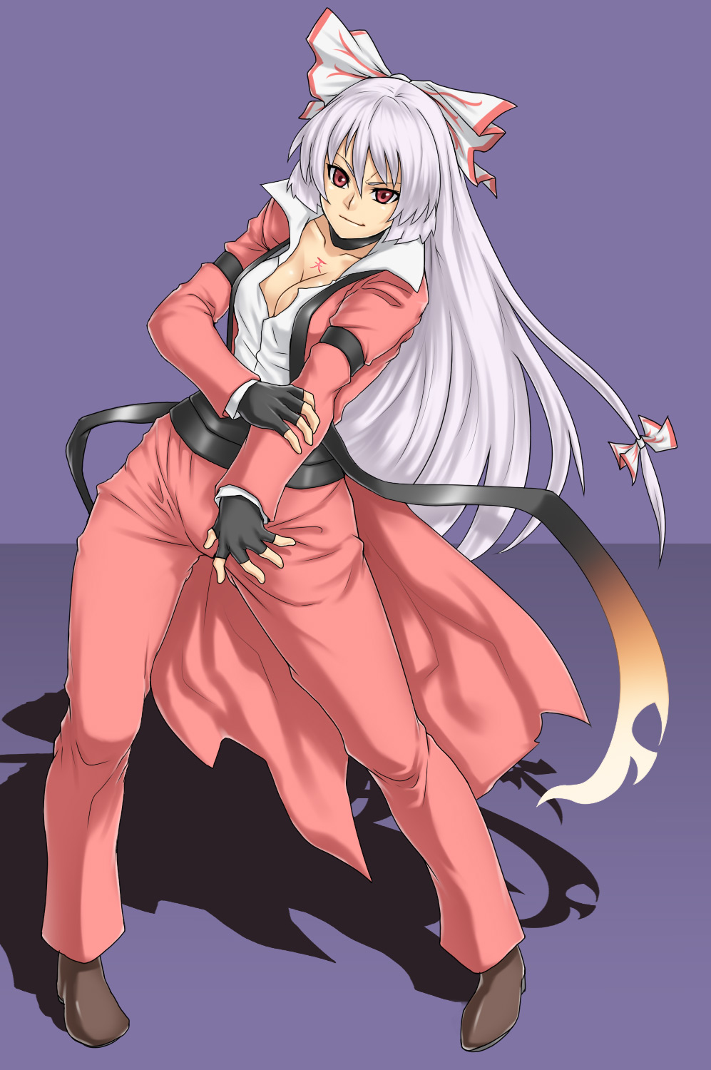 houtengeki, fujiwara no mokou, rugal bernstein, the king of fighters, touhou, highres, 1girl, armband, black armband, cosplay, female focus, holding own arm, rugal bernstein (cosplay), solo