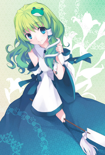 koto (colorcube), kochiya sanae, touhou, 1girl, bare shoulders, black skirt, blush, detached sleeves, female focus, frog hair ornament, green eyes, green hair, hair ornament, long hair, looking at viewer, matching hair/eyes, nontraditional miko, skirt, snake hair ornament, solo, tareme, vest