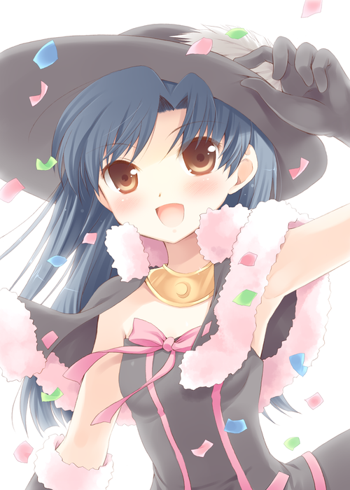 komi zumiko, kisaragi chihaya, idolmaster, idolmaster (classic), idolmaster 1, 00s, 1girl, :d, armpits, bare shoulders, black dress, blush, brown gloves, cute & girly (idolmaster), dress, female focus, gloves, hat, looking at viewer, open mouth, sleeveless, sleeveless dress, smile, solo, tareme, upper body