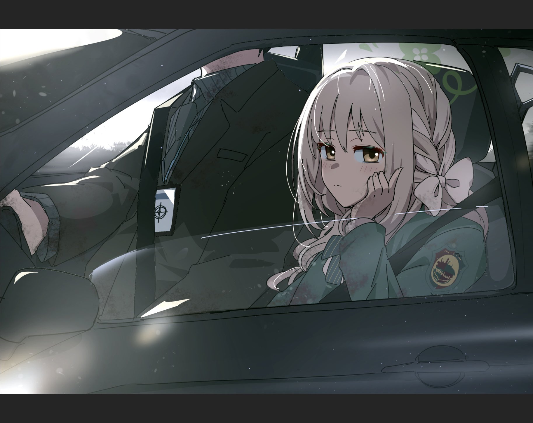 aroha j, miyo (blue archive), sensei (blue archive), blue archive, commentary request, highres, 1boy, 1girl, black jacket, blush, bow, braid, brown eyes, car interior, closed mouth, green jacket, grey hair, hair between eyes, hair bow, hair ribbon, halo, head rest, jacket, long hair, long sleeves, looking at viewer, ribbon, ribbon braid, seatbelt, white bow