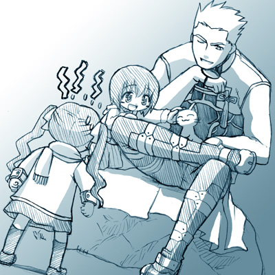 st parasu, archer (fate), matou sakura, tohsaka rin, fate/stay night, fate (series), lowres, 00s, 1boy, 2girls, aged down, aqua theme, cat, monochrome, multiple girls, twintails