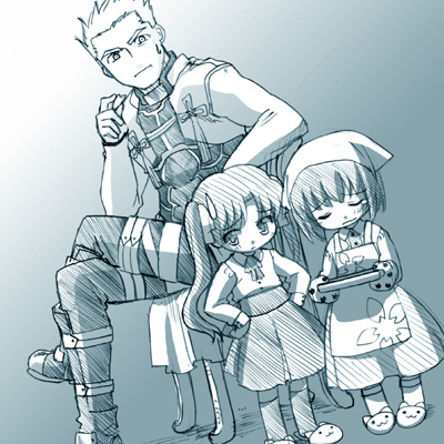 st parasu, archer (fate), matou sakura, tohsaka rin, fate/stay night, fate (series), lowres, 00s, 1boy, 2girls, aged down, aqua theme, monochrome, multiple girls, sweatdrop, tears