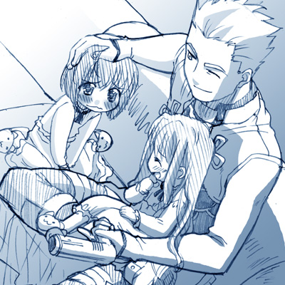 st parasu, archer (fate), matou sakura, tohsaka rin, fate/stay night, fate (series), lowres, 00s, 1boy, 2girls, aged down, blue theme, blush, hair dryer, monochrome, multiple girls