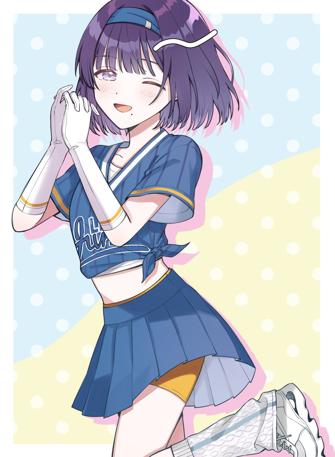 yuu 555meco, hataya misuzu, gakuen idolmaster, idolmaster, commentary request, highres, 1girl, arms up, blue hairband, blue shirt, blue skirt, blush, collarbone, cropped shirt, dot nose, dotted background, drop shadow, elbow gloves, gloves, hairband, high-waist skirt, jersey, leg up, leg warmers, looking at viewer, midriff, mole, mole under mouth, one eye closed, open mouth, orange shorts, own hands clasped, own hands together, pleated skirt, purple eyes, purple hair, shirt, shoes, short hair, short sleeves, shorts, skirt, smile, sneakers, solo, tied shirt, white gloves, white shirt, white shoes