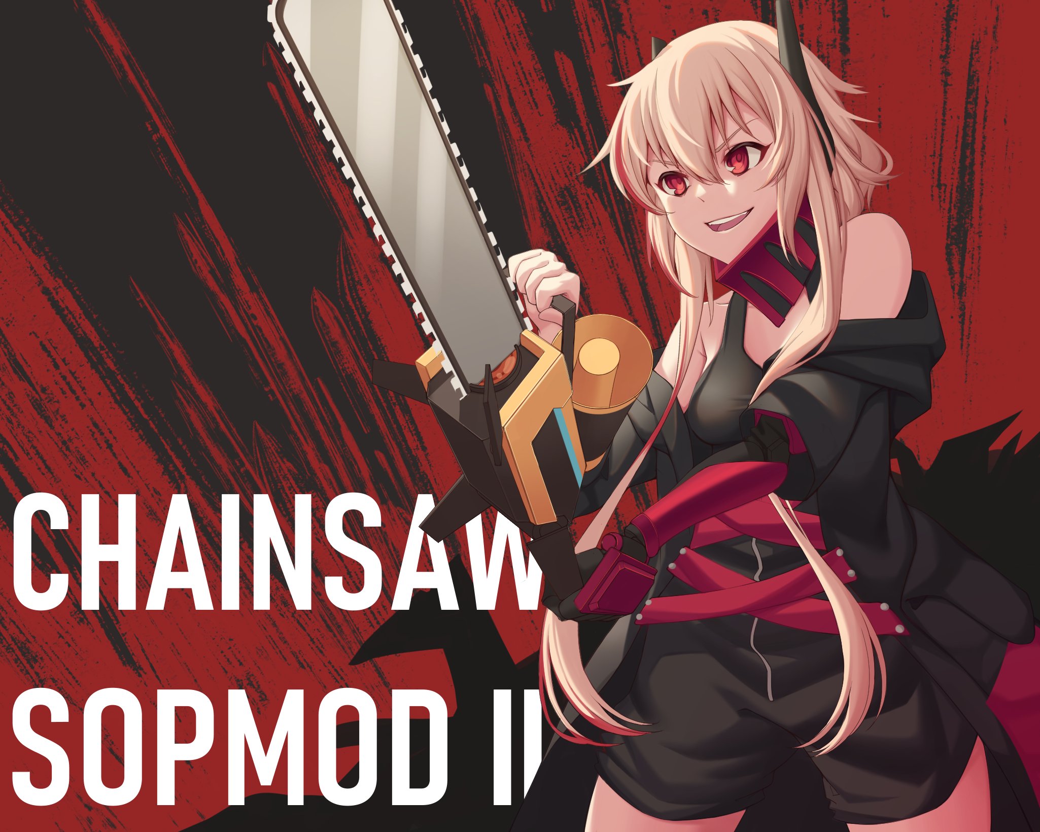 act (xadachit), banana (girls' frontline), m4 sopmod ii (girls' frontline), m4 sopmod ii (mod3) (girls' frontline), girls' frontline, commentary, highres, 1girl, black background, black jacket, black shorts, black tank top, blonde hair, breasts, chainsaw, character name, cowboy shot, english text, hair between eyes, headgear, holding, holding chainsaw, hood, hood down, hooded jacket, jacket, long hair, long sleeves, mechanical arms, medium breasts, multicolored hair, off shoulder, open mouth, red background, red eyes, red hair, shorts, sidelocks, single mechanical arm, solo, standing, streaked hair, tank top, teeth, upper teeth only