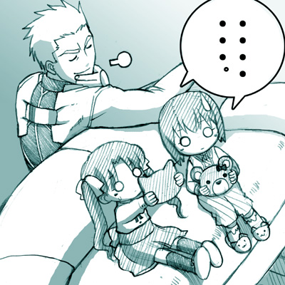 st parasu, archer (fate), matou sakura, tohsaka rin, fate/stay night, fate (series), lowres, …, 00s, 1boy, 2girls, aged down, aqua theme, monochrome, multiple girls, o o, speech bubble, spoken ellipsis, sweatdrop