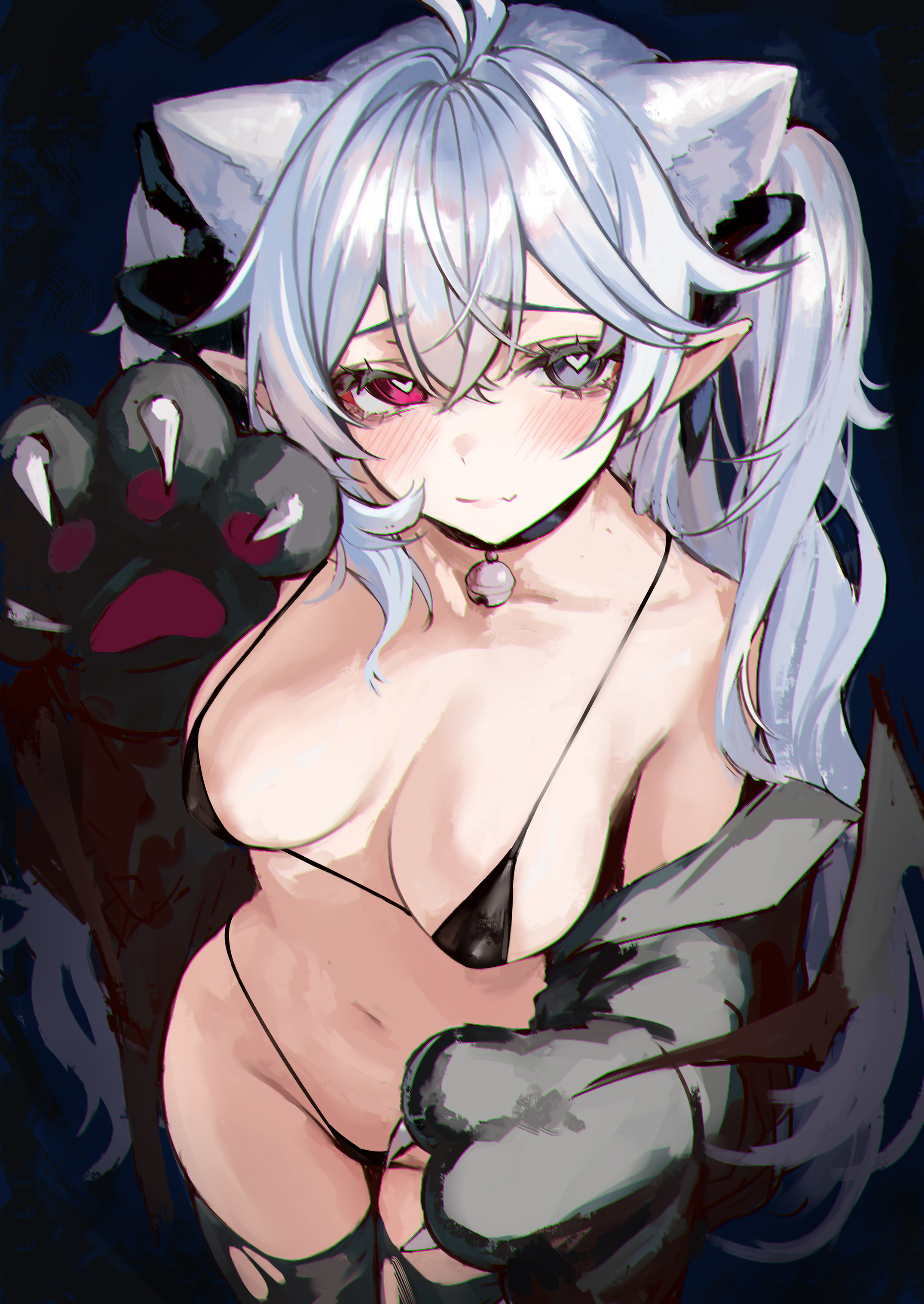 naokomama, rina lucsper, indie virtual youtuber, absurdres, highres, 1girl, ahoge, animal ears, animal hands, bell, bikini, black background, blue eyes, blue hair, blush, breasts, cat ears, cat paws, hair between eyes, heart, heart-shaped pupils, heterochromia, jingle bell, large breasts, long hair, looking at viewer, navel, neck bell, paw pose, pointy ears, red eyes, simple background, solo, string bikini, swimsuit, symbol-shaped pupils, virtual youtuber