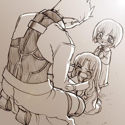 st parasu, archer (fate), matou sakura, tohsaka rin, fate/stay night, fate (series), lowres, 00s, 1boy, 2girls, aged down, brown theme, monochrome, multiple girls