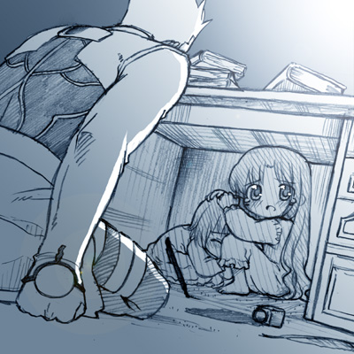 st parasu, archer (fate), matou sakura, tohsaka rin, fate/stay night, fate (series), lowres, 00s, 1boy, 2girls, aged down, blue theme, child, desk, hair down, hiding, leaning on person, long hair, monochrome, multiple girls, scared, sitting, spiked hair, spill, under table, very long hair