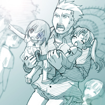 st parasu, archer (fate), matou sakura, tohsaka rin, fate/stay night, fate (series), lowres, 00s, 1boy, 2girls, aged down, aqua theme, monochrome, multiple girls, pointing, sweat