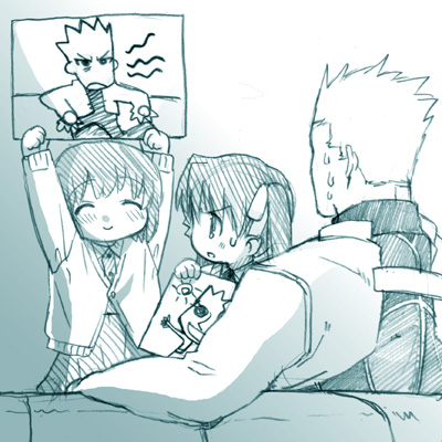 st parasu, archer (fate), matou sakura, tohsaka rin, fate/stay night, fate (series), drawing, lowres, 00s, 1boy, 2girls, aged down, aqua theme, closed eyes, monochrome, multiple girls, smile, sweatdrop