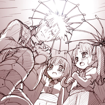 st parasu, archer (fate), matou sakura, tohsaka rin, fate/stay night, fate (series), lowres, 00s, 1boy, 2girls, aged down, cat, monochrome, multiple girls, oil-paper umbrella, pink theme, rain, tears, umbrella, wet