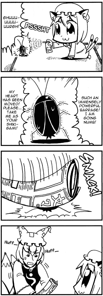 bkub, chen, yakumo ran, touhou, hard-translated, third-party edit, translated, 2girls, 4koma, animal hat, barrage, bug, cockroach, comic, female focus, greyscale, hat, insect, long sleeves, mob cap, monochrome, multiple girls, short hair, tassel, wide sleeves