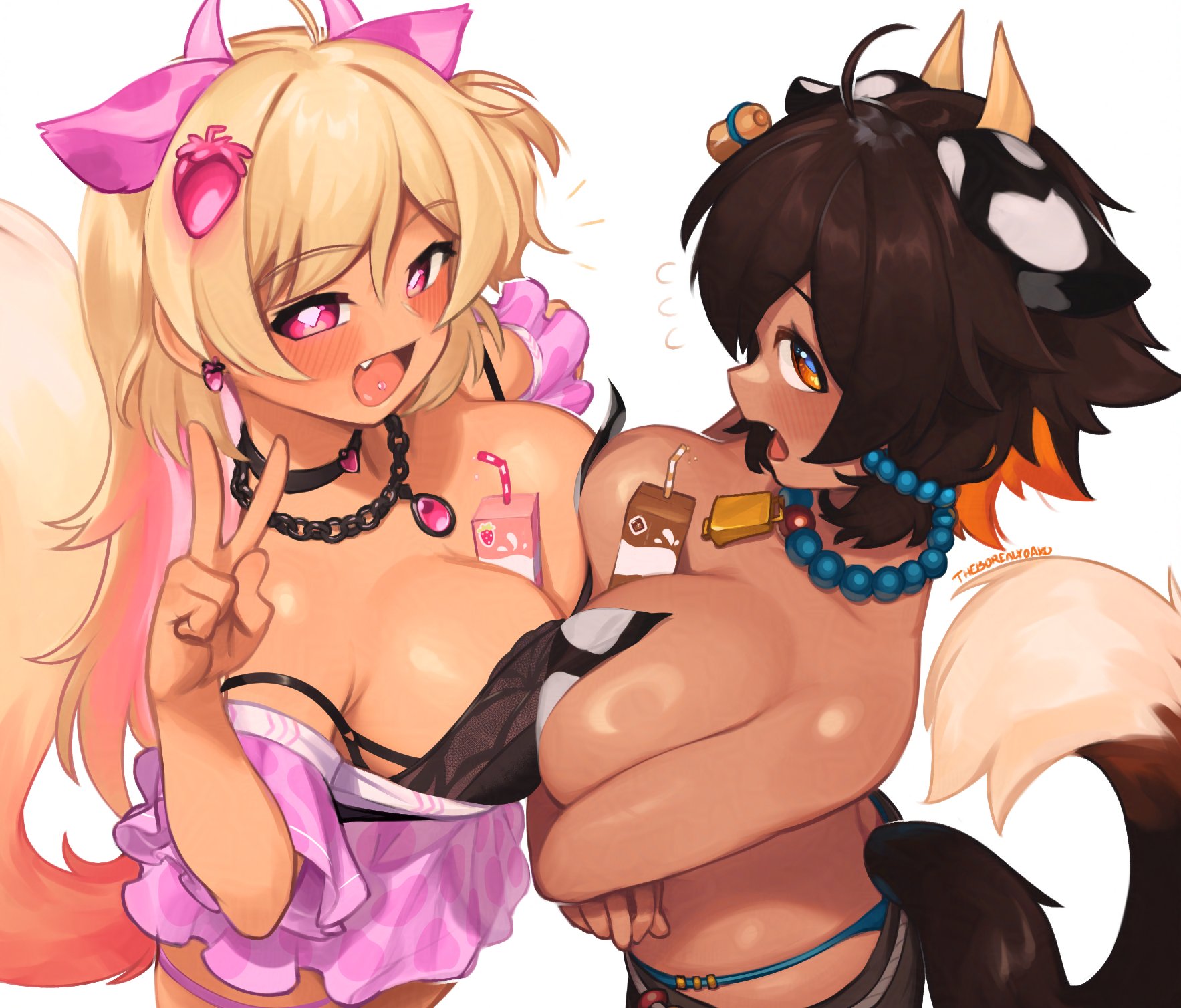 yoako, mozumi pichi, v-dere, highres, 2girls, ahoge, alternate animal ears, alternate hair color, animal ears, artist name, bead necklace, beads, bell, between breasts, black choker, black hair, blonde hair, breast press, breasts, chocolate milk, choker, cow ears, cow girl, cow horns, cowbell, flying sweatdrops, food-themed hair ornament, hair ornament, horns, jewelry, multiple girls, necklace, open mouth, pink eyes, pink horns, smile, strawberry hair ornament, strawberry milk, symmetrical docking, tan, virtual youtuber