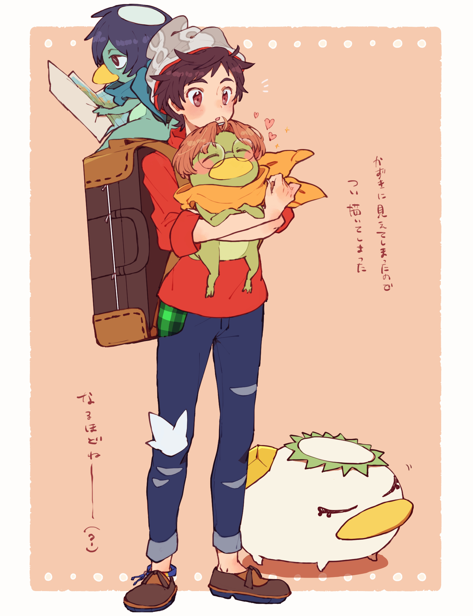 aoya (ayoyame18), jinnai enta, keppi, kuji toi, victor (pokemon), yasaka kazuki, nintendo, pokemon, pokemon swsh, sarazanmai, highres, translation request, 1boy, beanie, border, brown bag, brown hair, brown shoes, cosplay, full body, grey hat, hat, heart, holding, kappa, male focus, messy hair, pants, red shirt, round eyewear, shirt, shoes, short hair, torn clothes, torn pants, victor (pokemon) (cosplay), white border