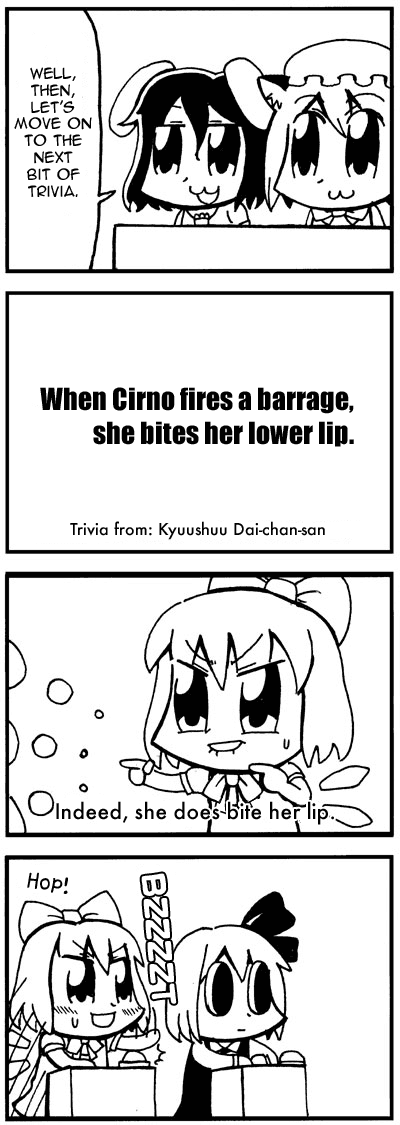 bkub, chen, cirno, inaba tewi, rumia, fountain of trivia, shoot the bullet, touhou, hard-translated, third-party edit, translated, 4girls, 4koma, barrage, comic, danmaku, female focus, greyscale, monochrome, multiple girls