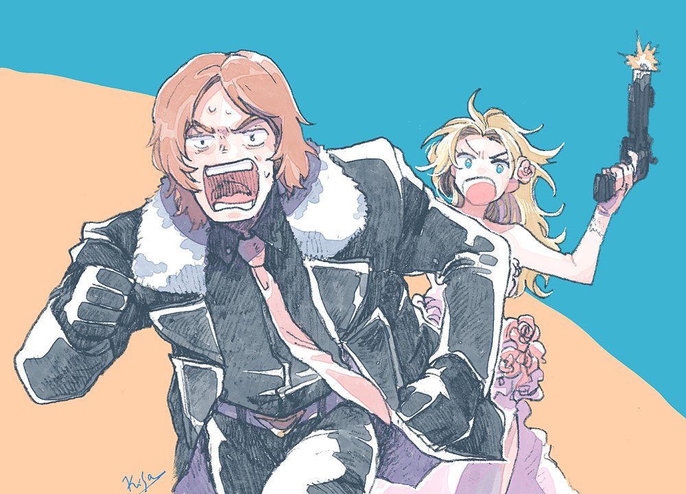 michibata 65, emilia (saga frontier), fuse (saga frontier), saga, saga frontier, 1boy, 1girl, bare shoulders, blonde hair, blue eyes, brown hair, dress, firing, gloves, gun, holding, holding gun, holding weapon, long hair, necktie, open mouth, sweat, weapon, wedding dress