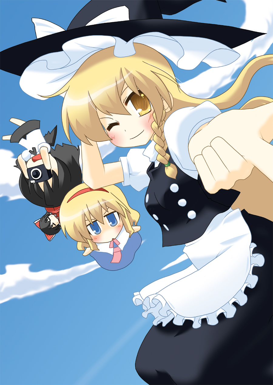 hujikok, alice margatroid, hakurei reimu, kirisame marisa, shameimaru aya, touhou, highres, 4girls, camera, chibi, day, female focus, hairband, hat, multiple girls, outdoors, ribbon, skirt, sky, witch, witch hat