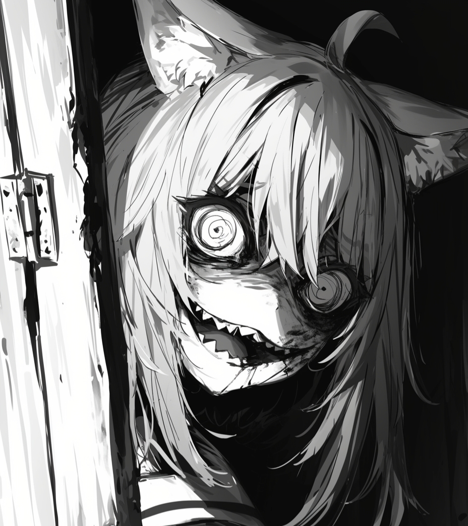 yahiro4516, nekomata okayu, hololive, 1girl, animal ear fluff, animal ears, blood, blood on face, cat ears, cat girl, horror (theme), long hair, looking at viewer, nekomata, open mouth, opening door, sharp teeth, solo, teeth, virtual youtuber