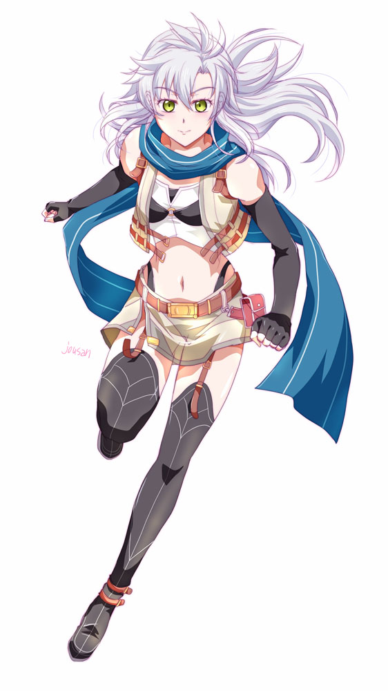 xiacheng tatsuya, fie claussell, eiyuu densetsu, sen no kiseki, sen no kiseki (series), sen no kiseki iii, artist name, black gloves, black socks, crop top, cropped jacket, curtained hair, elbow gloves, fingerless gloves, floating hair, floating scarf, gloves, green eyes, hair between eyes, long hair, looking at viewer, midriff, navel, over-kneehighs, parted bangs, scarf, shorts, simple background, smile, socks, thighhighs, white background, white hair