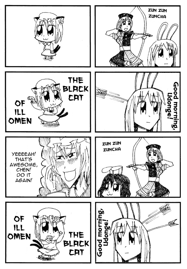 bkub, chen, inaba tewi, reisen udongein inaba, yagokoro eirin, yakumo ran, touhou, hard-translated, third-party edit, translated, 4koma, 5girls, archery, arrow (projectile), bow (weapon), comic, female focus, greyscale, monochrome, multiple 4koma, multiple girls, weapon