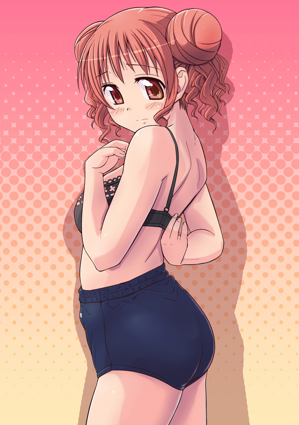 hiro (hidamari sketch), hidamari sketch, 00s, blush, bra, buruma, double bun, hair bun, lingerie, red eyes, red hair, solo, underwear, undressing