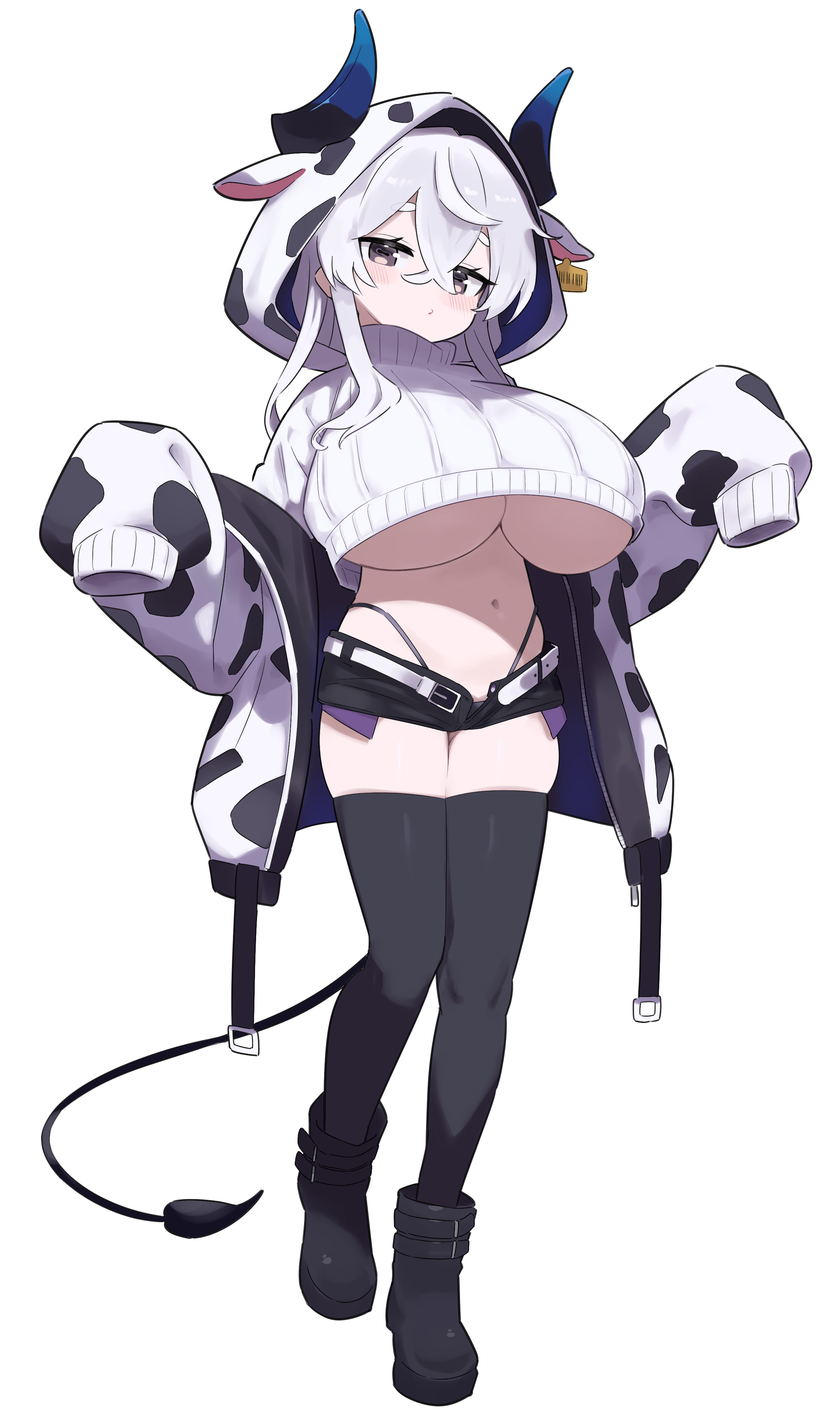 matcha (mattyan), original, absurdres, highres, md5 mismatch, 1girl, animal ear hood, animal ears, animal print, belt, black eyes, black shoes, black shorts, black thighhighs, blue horns, breasts, closed mouth, cow ears, cow print, cow print jacket, cropped sweater, demon girl, demon horns, demon tail, ear tag, fake animal ears, full body, highleg, highleg panties, hood, hood up, hooded jacket, horizontal pupils, horns, huge breasts, jacket, long hair, long sleeves, looking at viewer, micro shorts, navel, open clothes, open jacket, open shorts, panties, panty straps, print jacket, shoes, shorts, simple background, sleeves past fingers, sleeves past wrists, solo, sweater, tachi-e, tail, thick eyebrows, thighhighs, underboob, underwear, white background, white belt, white hair, white sweater
