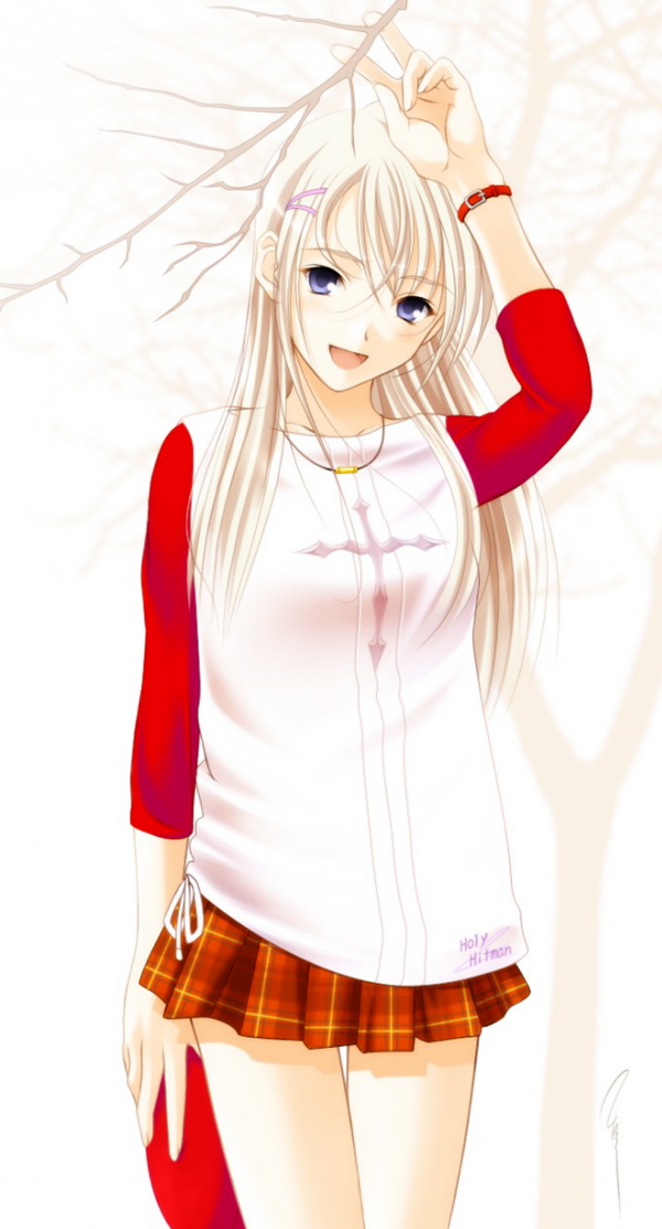 aizawa kotarou, original, plaid, blonde hair, blue eyes, casual, skirt, smile, solo