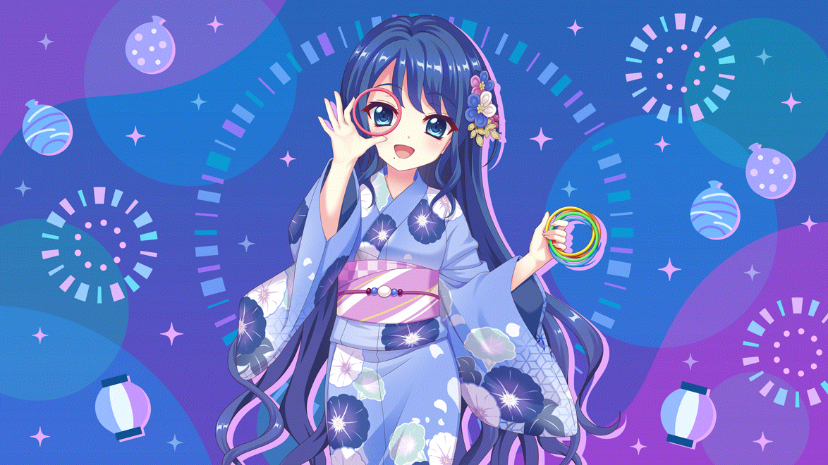 izumi tsubasu, re:stage!, game cg, non-web source, official art, 1girl, :d, blue background, blue eyes, blue flower, blue hair, blue kimono, cowboy shot, dot nose, film grain, floral print, floral print kimono, flower, futaba shiho, hair flower, hair ornament, hands up, holding, holding jewelry, holding ring, japanese clothes, jewelry, kimono, long hair, looking at viewer, mole, mole under mouth, obi, open mouth, print kimono, purple flower, purple sash, ring, sash, smile, solo, sparkle background, two-tone flower, very long hair, water yoyo, white flower, yukata