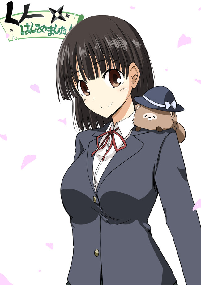 hako roku, 1girl, black hair, blazer, bow, breasts, brown eyes, closed mouth, collared shirt, falling petals, grey jacket, hat, hat bow, huge breasts, jacket, kanami kanna, kunoichi hajimemashita!, long sleeves, looking at viewer, petals, red ribbon, ribbon, school uniform, shirt, simple background, smile, solo, standing, tail, tanuki, upper body, white background, white bow, white shirt