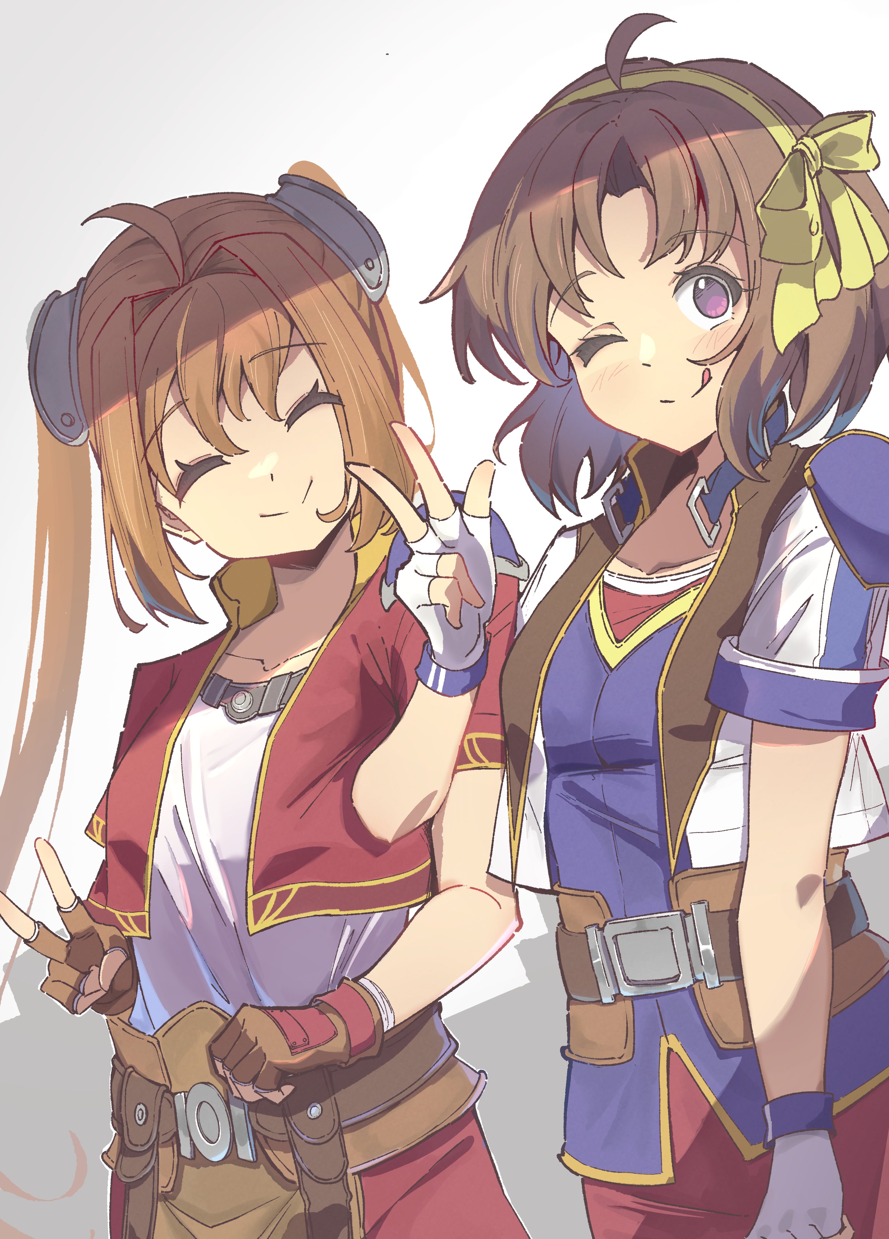 naisu (nai su01), anelace elfead, estelle bright, eiyuu densetsu, sora no kiseki, absurdres, commentary, english commentary, highres, 2girls, ahoge, antenna hair, armor, brown gloves, brown hair, closed eyes, closed mouth, cropped jacket, curtained hair, double-parted bangs, fingerless gloves, gloves, hair between eyes, hair intakes, hairband, looking at viewer, multiple girls, one eye closed, parted bangs, pauldrons, purple eyes, shade, short sleeves, shoulder armor, simple background, single pauldron, smile, tongue, tongue out, twintails, upper body, v, white gloves, yellow hairband