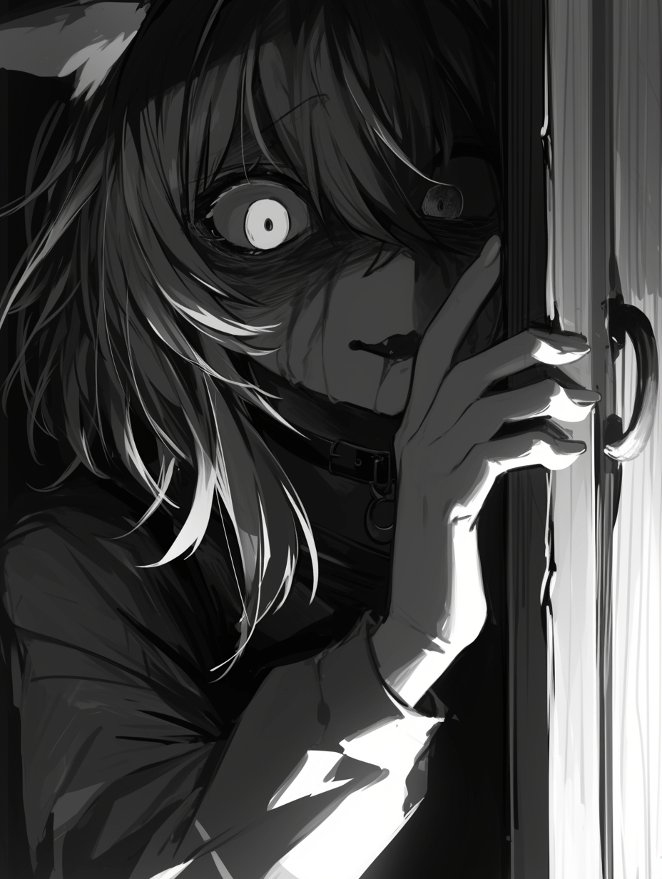 yahiro4516, nekomata okayu, hololive, highres, 1girl, animal ear fluff, animal ears, blood, blood on face, cat ears, cat girl, door, fang, greyscale, jacket, long hair, messy hair, monochrome, nekomata, open door, solo, virtual youtuber