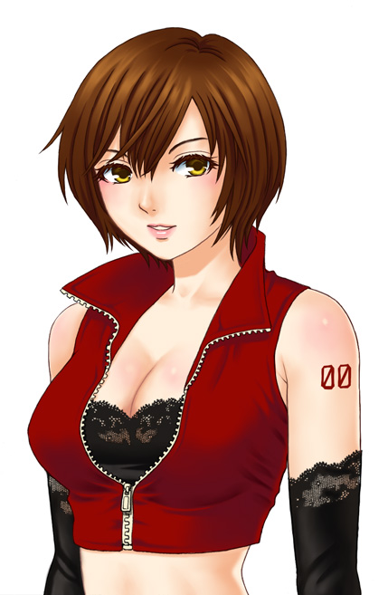 hamura mayu, meiko (vocaloid), vocaloid, bad id, bad pixiv id, 1girl, breasts, brown hair, cleavage, elbow gloves, female focus, gloves, large breasts, short hair, simple background, solo