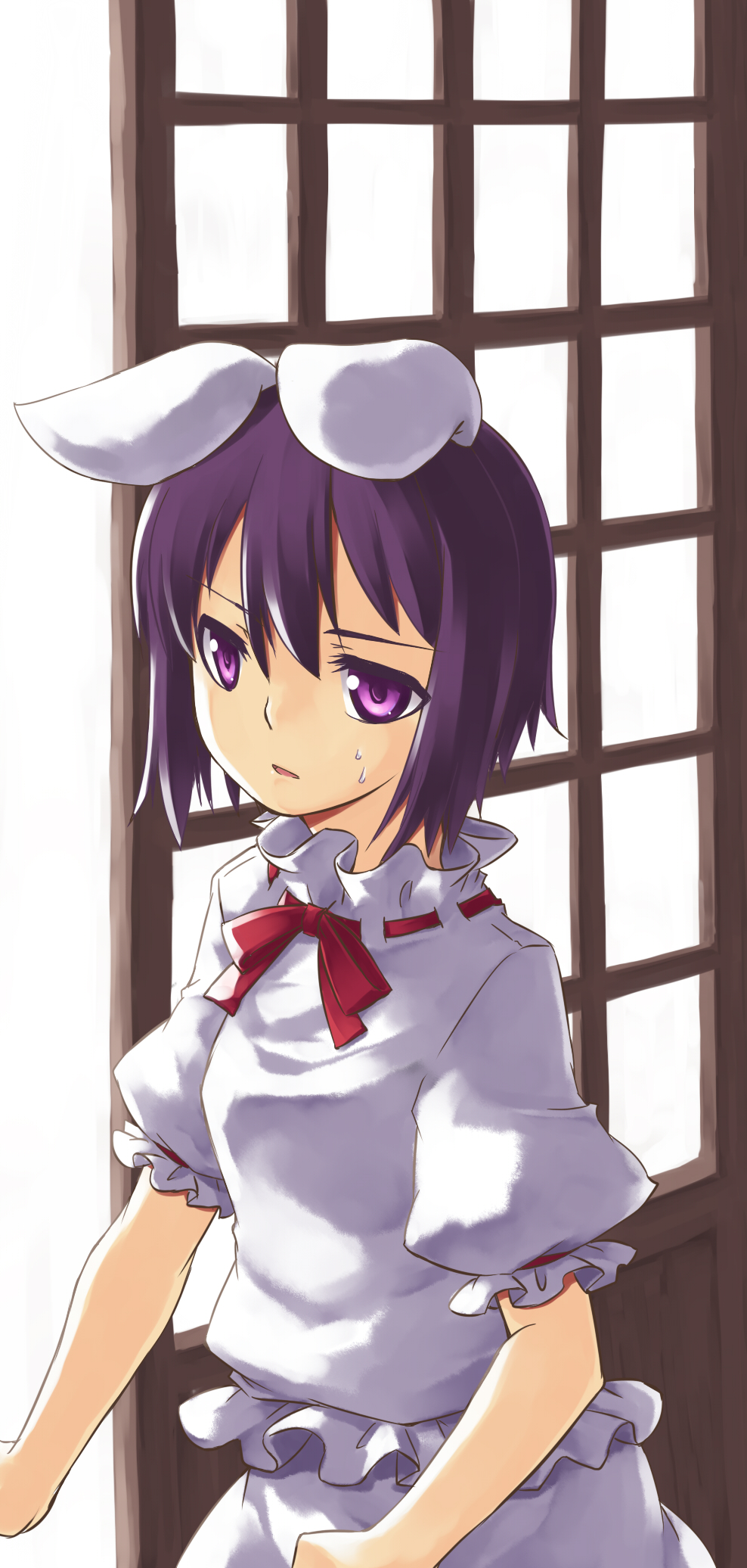 sakuraba yuuki, inaba tewi, touhou, kerchief, highres, 1girl, animal ears, dress, female focus, looking at viewer, looking back, puffy short sleeves, puffy sleeves, purple eyes, purple hair, rabbit ears, short sleeves, sliding doors, solo, upper body, white dress