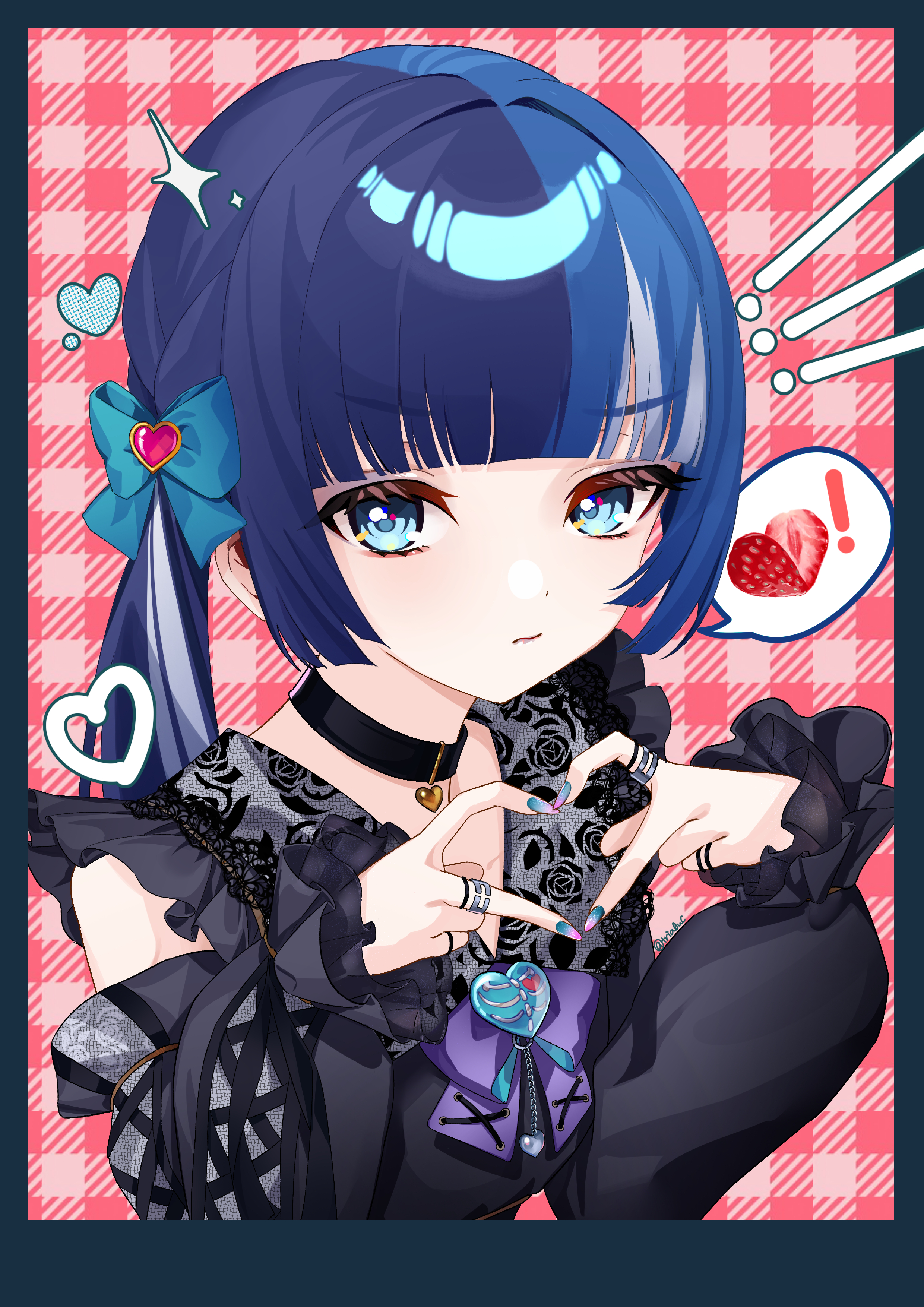 tria0c2, shikano ichigo, persona, persona 5, persona 5: the phantom x, absurdres, commentary request, highres, mixed-language commentary, 1girl, aqua hair, black choker, black dress, blue bow, blue eyes, blue hair, blue nails, bow, choker, closed mouth, detached sleeves, dress, fingernails, food, fruit, hair bow, heart, heart hands, long hair, looking at viewer, low twintails, multicolored hair, purple hair, solo, strawberry, twintails