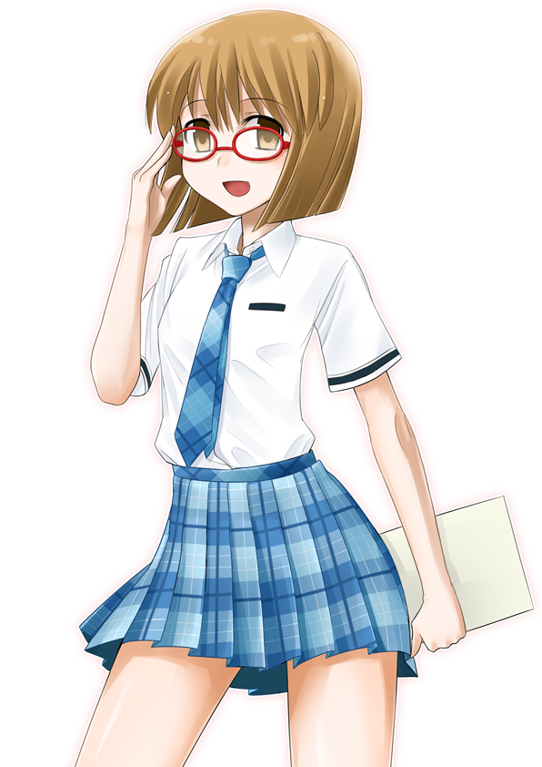 sugar (sugarless), hagiwara yukiho, idolmaster, idolmaster (classic), 00s, 1girl, bob cut, brown eyes, brown hair, female focus, glasses, necktie, plaid clothes, plaid skirt, rough time school, school uniform, short hair, skirt, solo