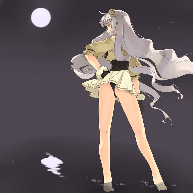 itachi yamakou, 961 production, shijou takane, idolmaster, idolmaster (classic), idolmaster 1, silver hair, 00s, 1girl, ass, bare legs, barefoot, black panties, female focus, flat ass, from behind, full moon, gloves, hairband, hand on own hip, long hair, looking back, miniskirt, moon, panties, pantyshot, red eyes, skirt, solo, thong, underwear, upskirt, very long hair