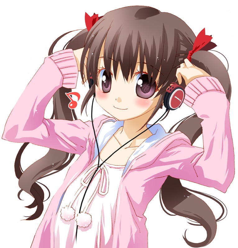 noto (soranoto), original, 1girl, blush, brown hair, earphones, female focus, headphones, long hair, musical note, purple eyes, smile, solo, twintails
