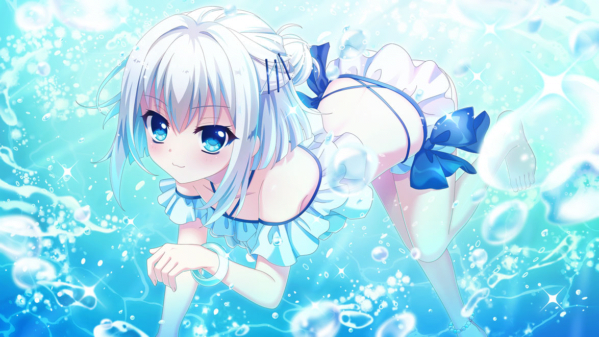 izumi tsubasu, nishidate haku, re:stage!, game cg, non-web source, official art, 1girl, :3, anklet, barefoot, bead anklet, beads, bikini, bikini skirt, blue bow, blue eyes, blush, bow, bracelet, bubble, closed mouth, collarbone, dot nose, film grain, frilled bikini, frills, hair bun, hair intakes, hair ornament, hairclip, jewelry, looking at viewer, short hair, sidelocks, single side bun, smile, solo, sparkle, swimming, swimsuit, underwater, white bikini, white hair