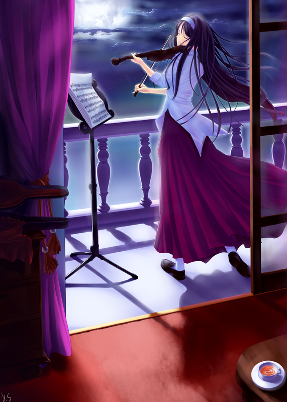 dopollsogno, tohno akiha, tsukihime, 00s, 1girl, black hair, closed eyes, cloud, female focus, full moon, hairband, instrument, long hair, moon, solo, violin