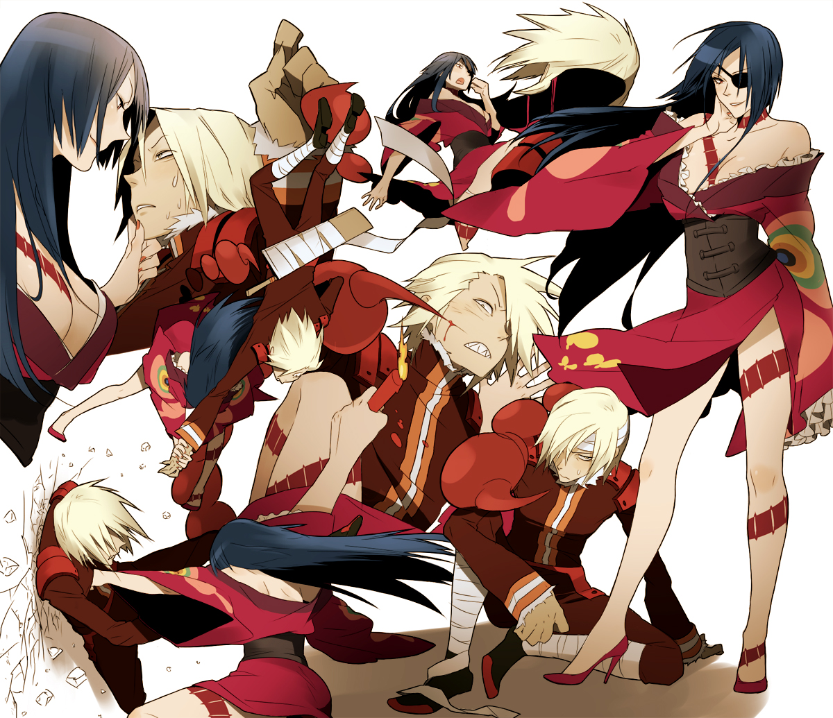 koutarou (artist), koutarou (farthest), adiane, viral (ttgl), tengen toppa gurren lagann, 00s, 1boy, 1girl, action, blood, breasts, cleavage, corset, eyepatch, femdom, high heels, large breasts, lipstick, long hair, makeup, oversized limbs, scorpion tail, shoes, tail, tattoo
